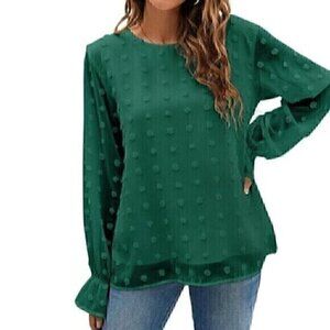 BLOOMING JELLY Lantern Long Sleeve Round Neck Top Dark Green Swiss Dot Boho Fall